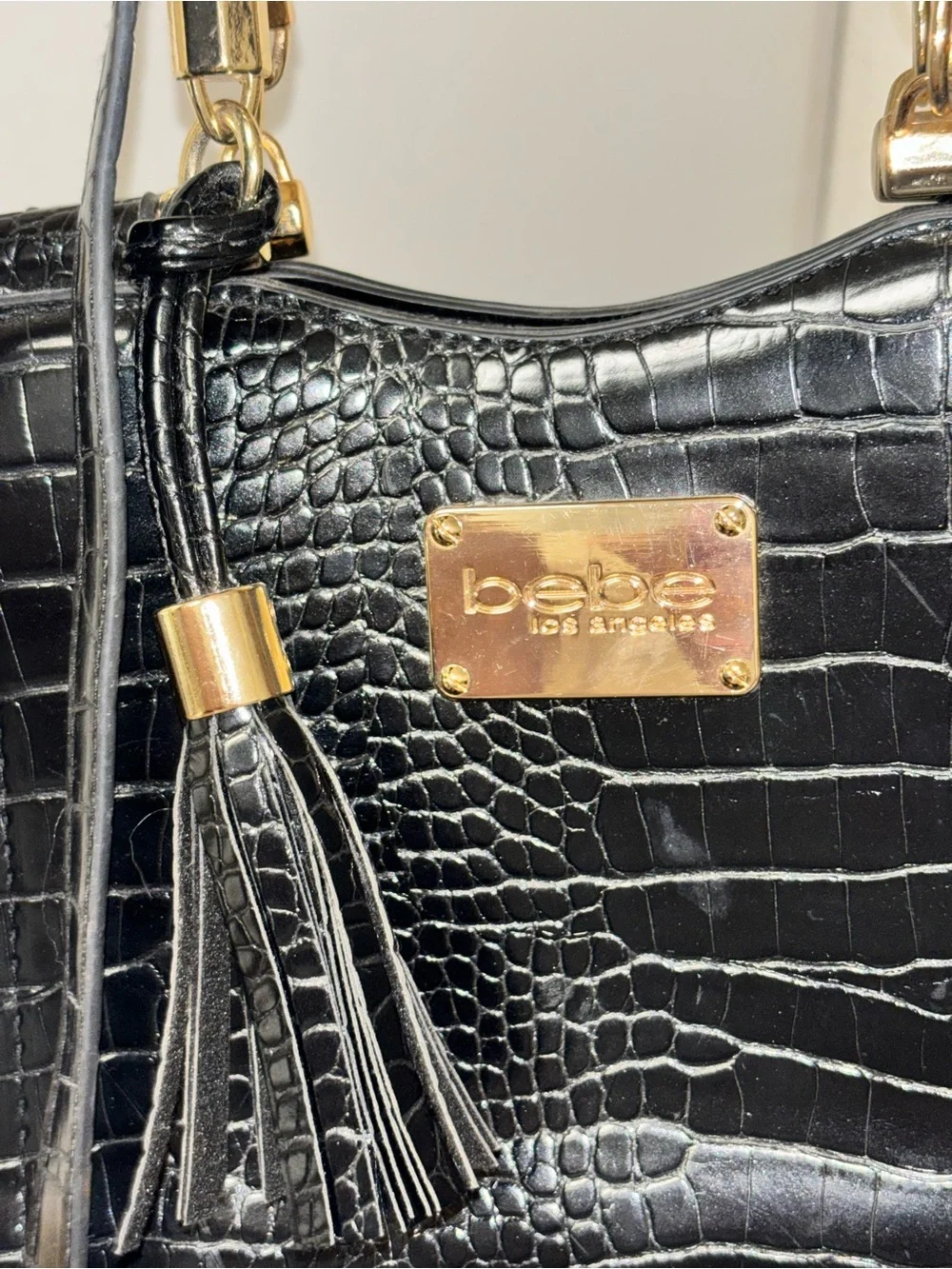 bebe Black Croc-Embossed Satchel with Gold Accents